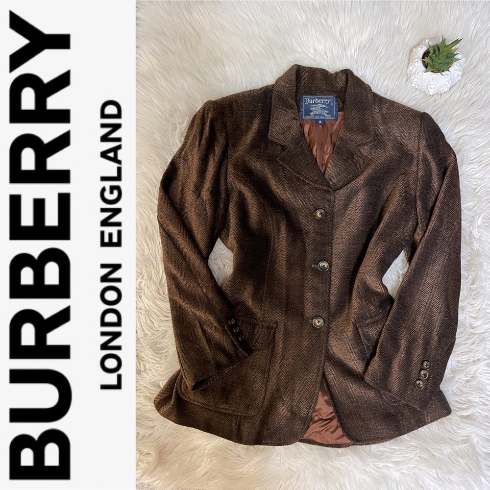 Vintage BURBERRY dark brown wool blend fully lined single breasted blazer, sz 8